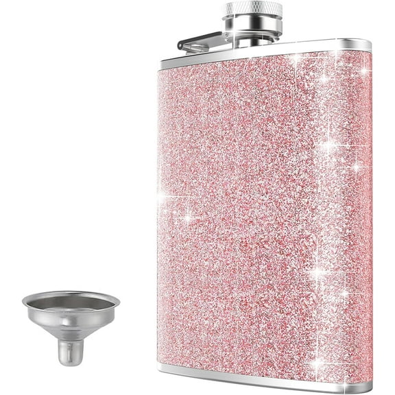 8 Oz Hip Flask for Liquor, 1 Pack Stainless Steel Flask Soft PU Leather Wrap with Funnel, Leak Proof Flask for Outdoor Camping and Gifts Pink