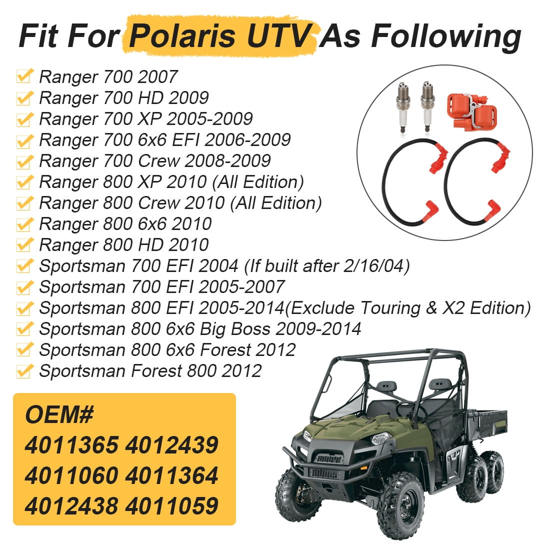 M MATI Ignition Coil & Spark Plug Wire Cap for Polaris Ranger Sportsman 700 800 XP Crew EFI 6x6