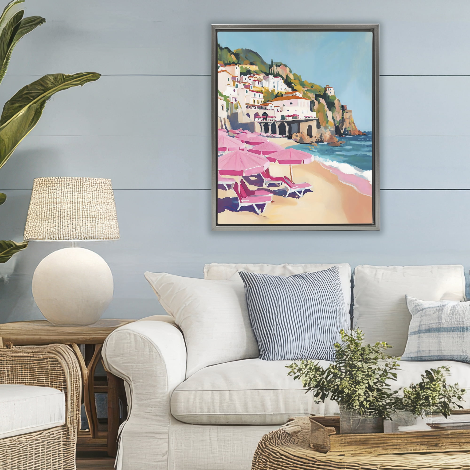 Stupell Industries Pink Beach Chairs on Shoreline Gray Framed Floater Canvas Wall Art, design by The Prints Vibe