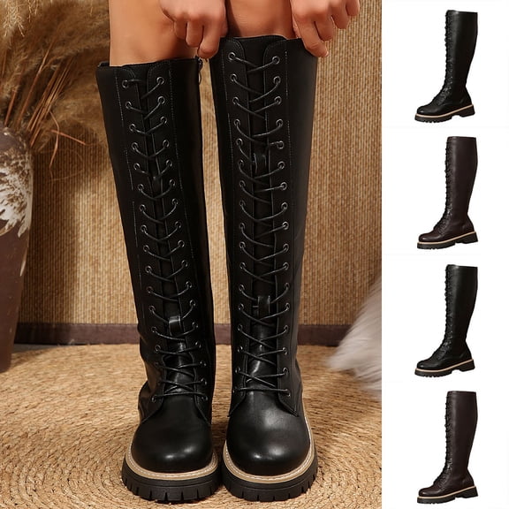 Women Leather Knee High Combat Boots, Round Toe Front Lace Up Side Zipper Lug Sole Tall Boots, Chunky Boots