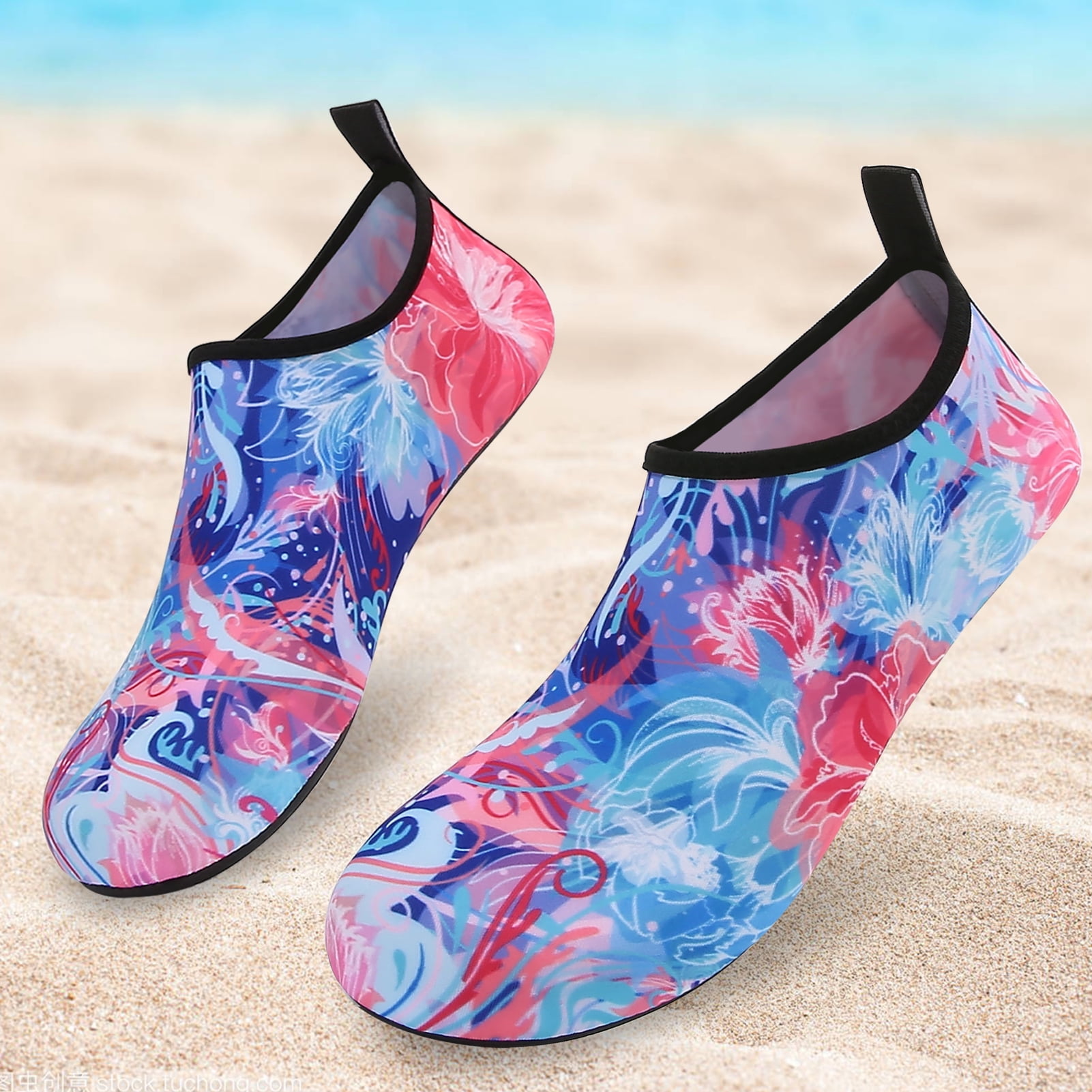 Men and Women a Slip On Barefoot Quick-Dry Beach Aqua Yoga Water Shoes (Floral/Pink Blue, 11.5-12.5 Men)