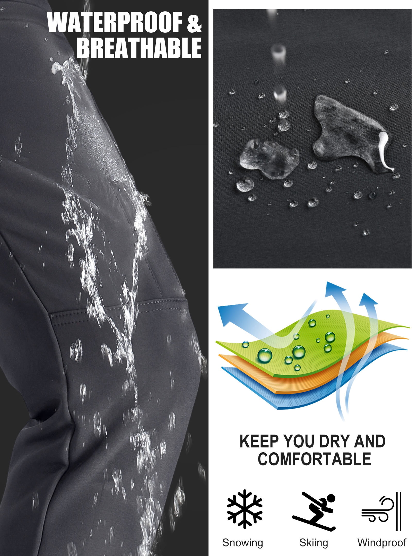 POENTAB Fleece Lined Pants For Men Water Resistant Windproof Ski Snow Pant Winter Thermal Work Trousers with Zipper Pockets Grey 36