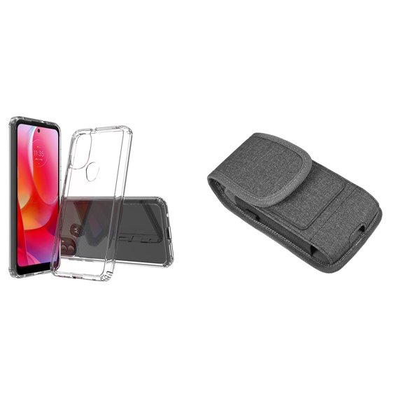 Bemz Case Bundle for Moto G Power 2022 - Fusion Impact Resistant Protection Cover (Clear) with Vertical Nylon Belt Holster Wallet Carrying Pouch (Dark Grey)
