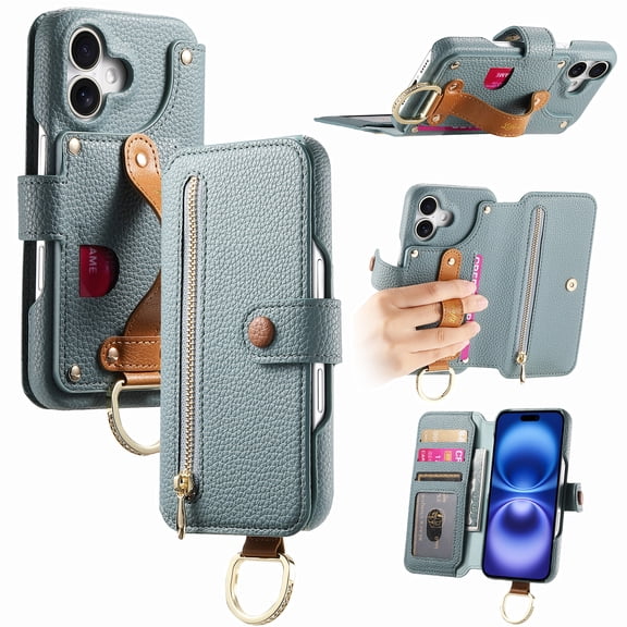 Multi-Functional Case For iPhone 17, RFID Blocking Zipper Wallet Card Holder ID Slot Money Pocket Finger Loop Hand Strap PU Leather Flip Kickstand Magnetic Closure Cover,Blue