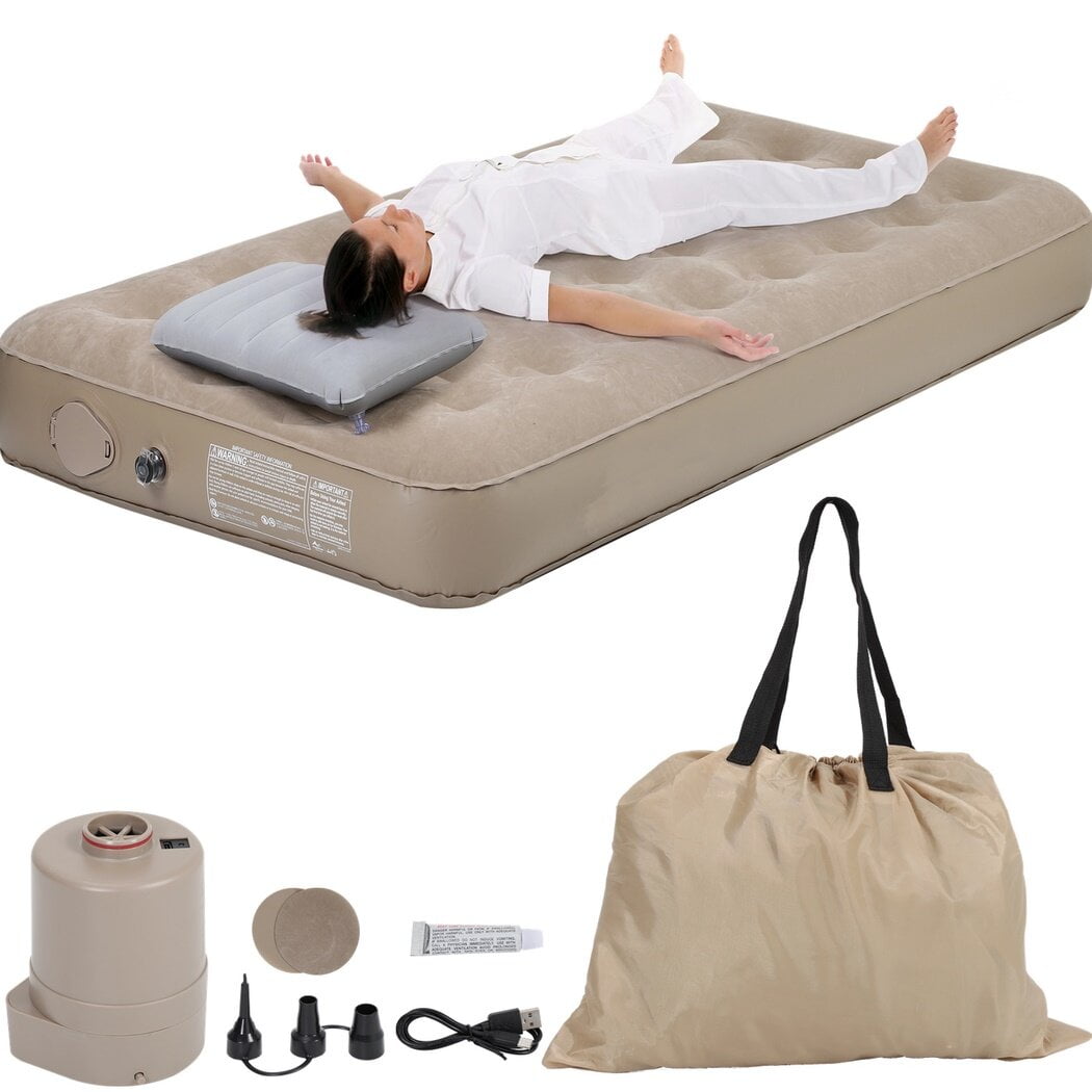 Single Camping Air Bed Set Blow up Bed and Pillow Inflatable Air Mattress with Built in Electric Pump 75 x 39 x 9.8 Inches Sleeping Pad Portable Airbed for Home Picnics Beach Trips