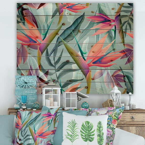 Designart 'VIntage Tropical Flowers V' Traditional Print on Natural Pine Wood
