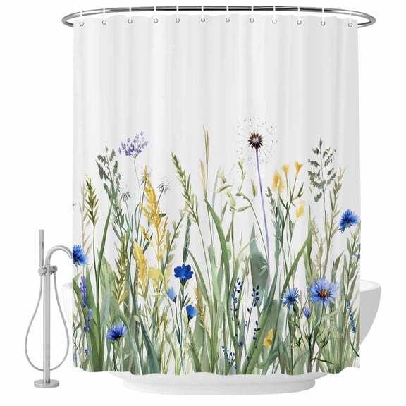 Navy Flower Bathroom Shower Curtains with Hooks, Blue Green Leaf Watercolor Hand Painted Waterproof Fabric Washable Shower Curtain for Home Hotel Bathtub Decor 36x72 Inch