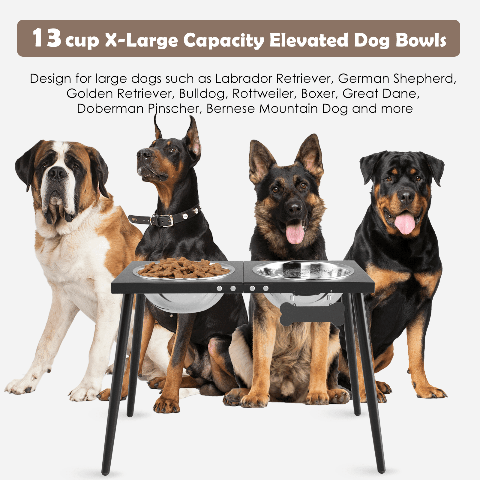 Metal Elevated Dog Bowls, 17in Tall Raised Dog Bowl Stand, Dog Food Bowls with 3000ml Stainless Steel Bowls and Sprill Proof Mat for Extra Large Dogs, Dog Food & Water Bowls