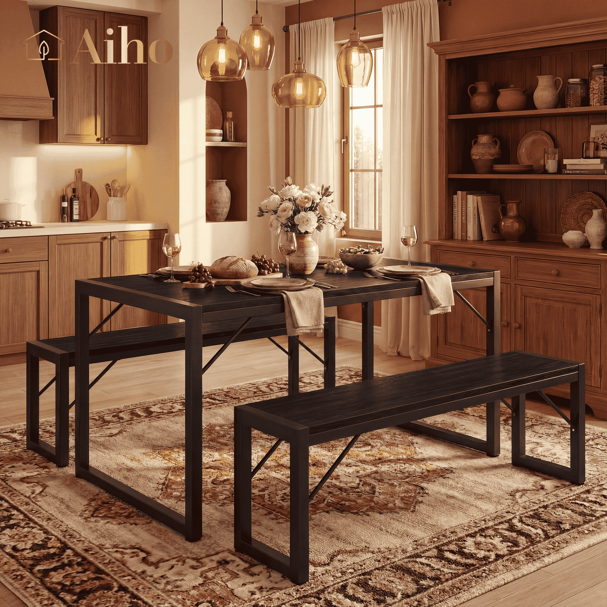 Aiho Kitchen Table with 2 Benches, 3-Piece Dining Set for 4, Wood Top Space-Saving Black