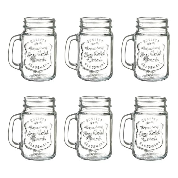 Juego de 6 Tarros Frascos estilo Mason Jar Vintage Vidrio Labrado 480 Ml Color Transparente Sin tapa para Bebidas y Jugos