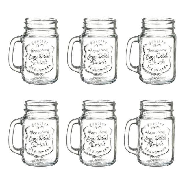 Juego de 6 Tarros Frascos estilo Mason Jar Vintage Vidrio Labrado 480 Ml Color Transparente Sin tapa para Bebidas y Jugos