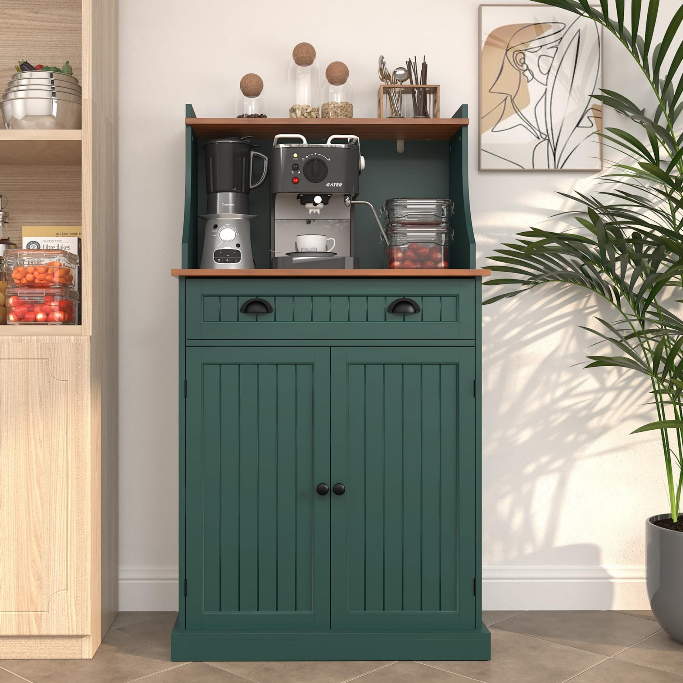 HLR Farmhouse Kitchen Pantry Cabinet with Microwave Stand, 54" Coffee Bar Storage Cabinet, Green