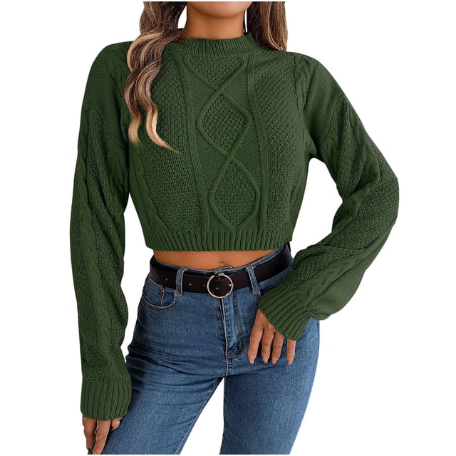 Bowake Chandail Court pour Femmes Col Rond Décontracté Tricoté Manches Longues Automne Chandail Blouse
