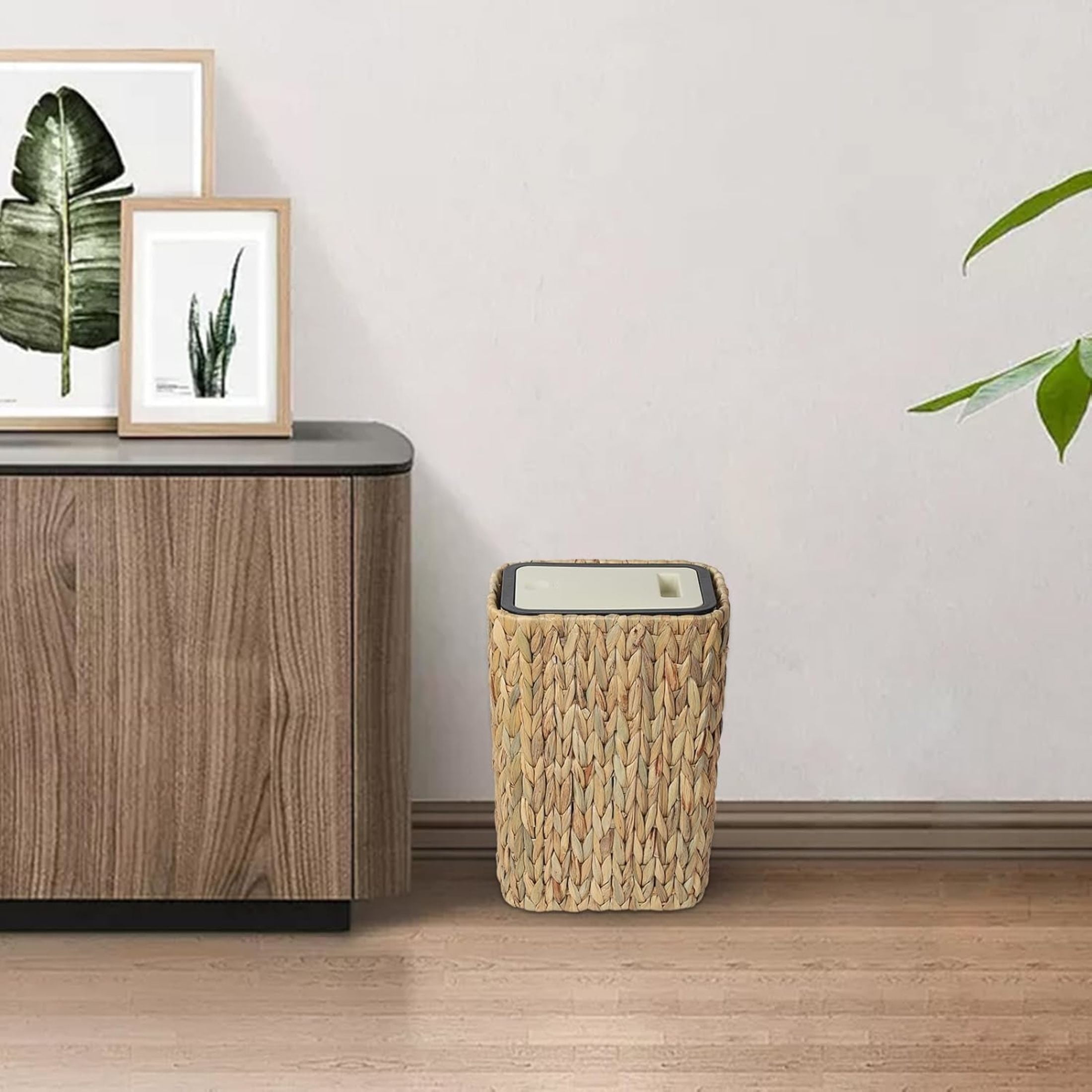 Noble House 2.6 Gallon Boho Rattan Bathroom Trash Can with Press Top Lid, Slim Lidded Wastebasket, Light Brown