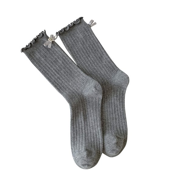 LckLvx Ruffle Socks for Women Cute Frilly Knit Socks with Bow Solid Color Casual Mid Calf Socks