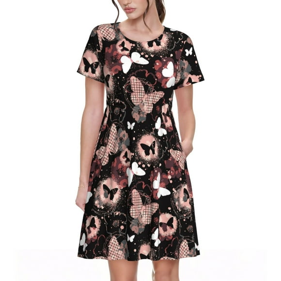 Kdxio Butterfly Print Women's Casual T Shirt Dress Summer Short Sleeve Swing Dresses with Pockets