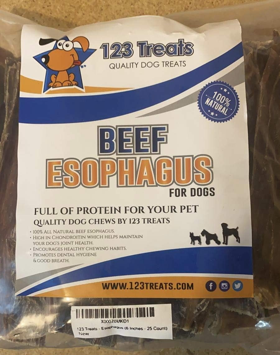 Beef Esophagus Gullet Jerky Dog Chews 6" (25 Count) - Beef Dog Treats by 123 Treats