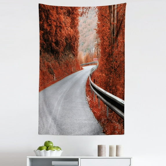 Fall Tapestry, Dreamy Asphalt Road with Mid Autumn Colors Nobody Surreal Highway Travel, Fabric Wall Hanging Decor for Bedroom Living Room Dorm, 5 Sizes, Orange Pale Grey, by Ambesonne