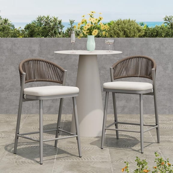 FFZ Outdoor 26 inch Metal Frame Counter Stools with PE Rattan Backrest Set of 2, Matte Grey