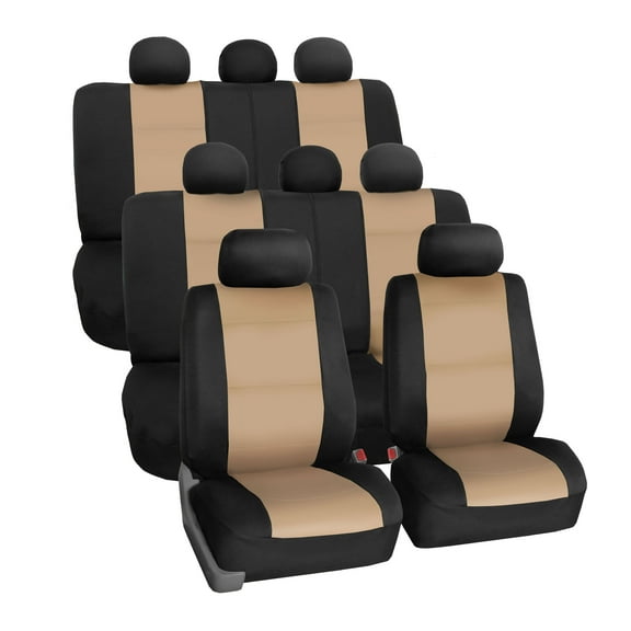 FH Group Neoprene 3 Row Car Seat Covers For SUV VAN TRUCK, Airbag Compatible Split Bench 8 Seaters, Beige Black