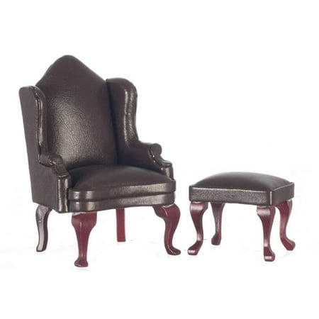 Aztec Imports, Inc. Dollhouse Miniature Brown Leather Wing Chair & Ottoman