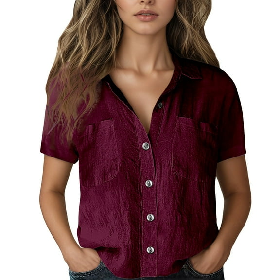 Summer Tops for Women, Womens Shirts, Stylish Women's Button-Up Short Sleeve Shirt for Casual and Wear with V-Neck and Lace Details