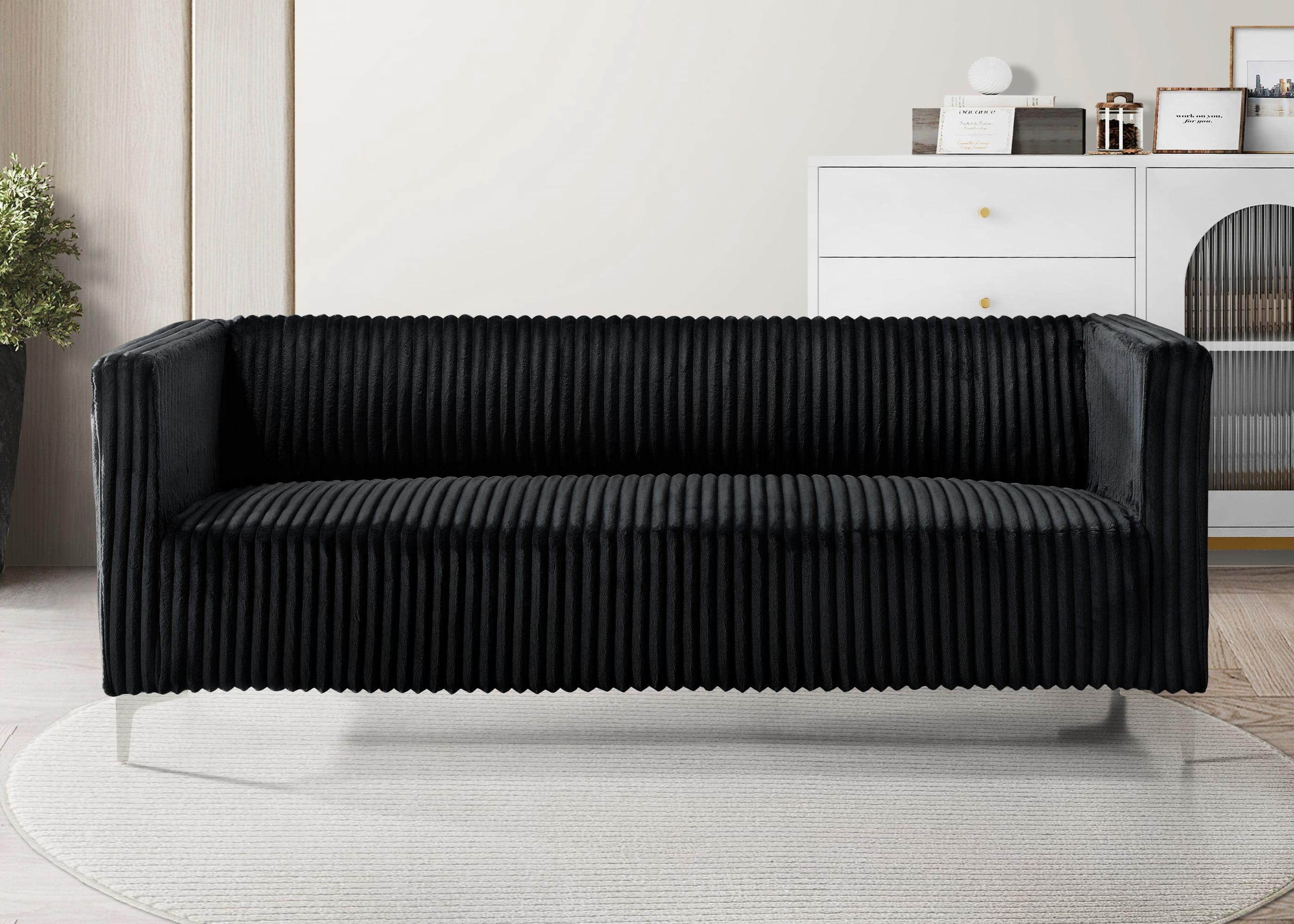 Home Design Gavin Velvet Square Arm Sofa with Plush Cushions and Modern Upholstery, Durable Frame for Living Room, Contemporary Black Design