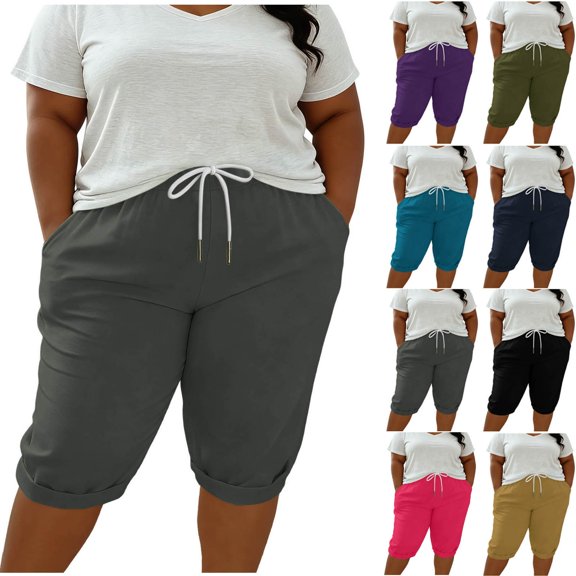 Women's Plus Size Knee‑Length Shorts, Elastic Drawstring Waist Cotton Blend Shorts with Pockets, Lightweight Sport Shorts for Summer Fitness Daily | TruHer,Army Green L