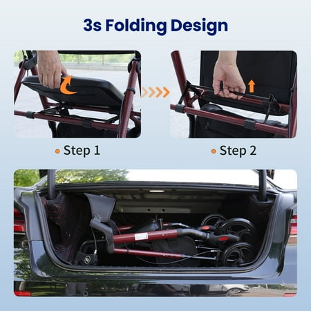 VOCIC Black Rollator Walker | 330lb Capacity | Adjustable Backrest & Indoor/Outdoor Wheels