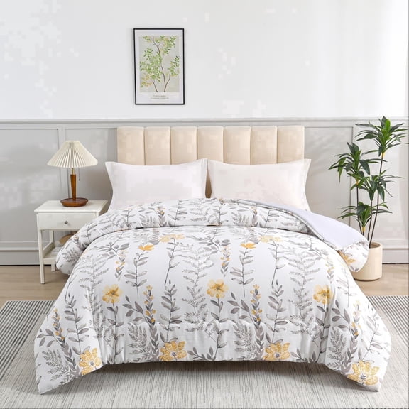Jessy Home 1 Piece Queen Comforter Floral Comfort Yellow Floral Summer Quilts Soft Cooling Comforter 1 Comforter