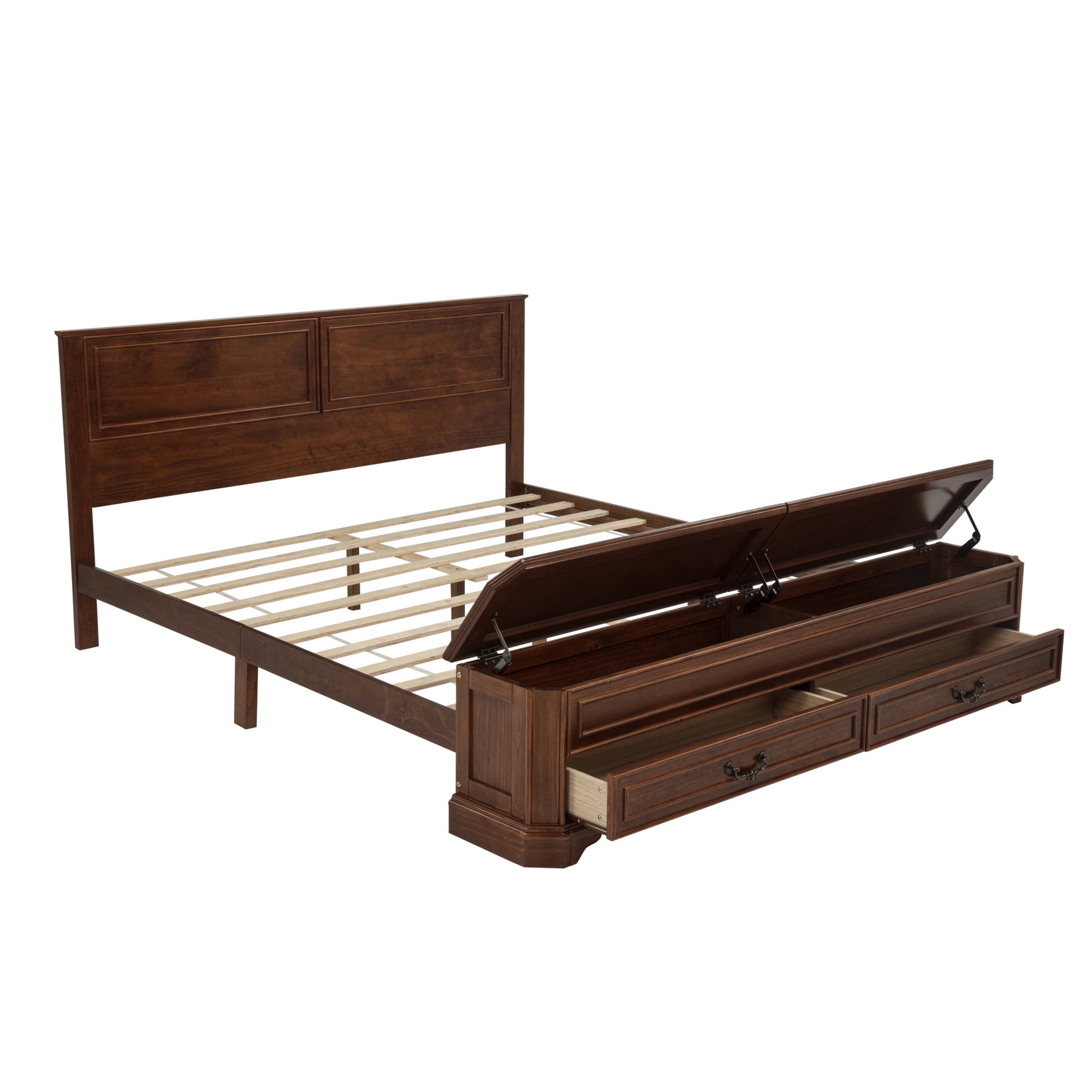 Noble House Reinaldo Queen Farmhouse Pine Bed with Integrated Bench, Storage Drawers and Flip-Top Containers, Walnut