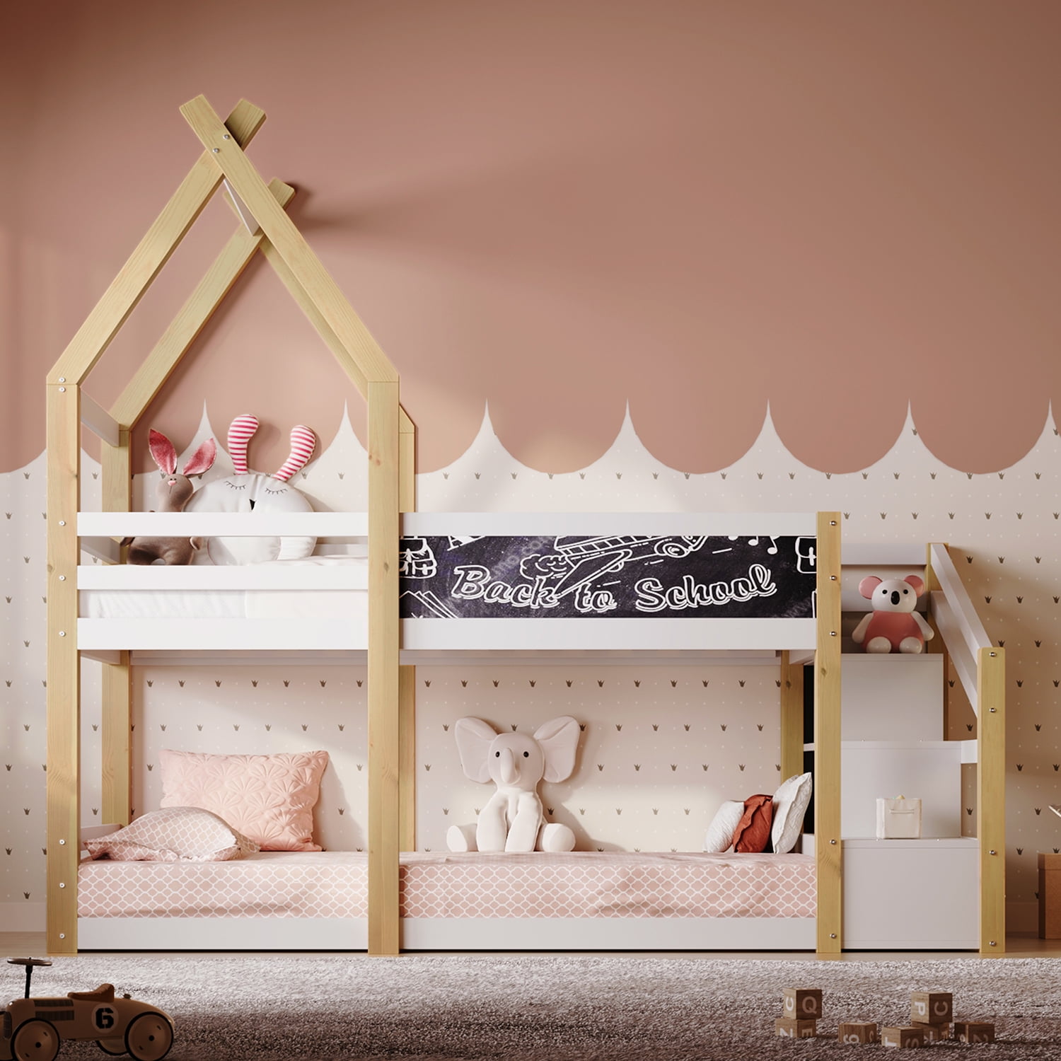 Kadyn Twin over Twin House Bed, Bunk Bed with White Storage Staircase and Blackboard, White and Natural