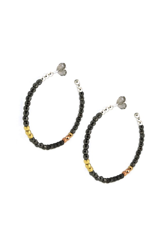 1.50" Multi Color Moon Cut 3-Stone Fancy Beads Sterling Silver Hoop Earrings