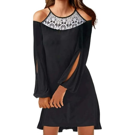 

Floleo Women s Dress Clearance Fall Summer Fashion O-neck Hollow Out Print Long Sleeve Loose