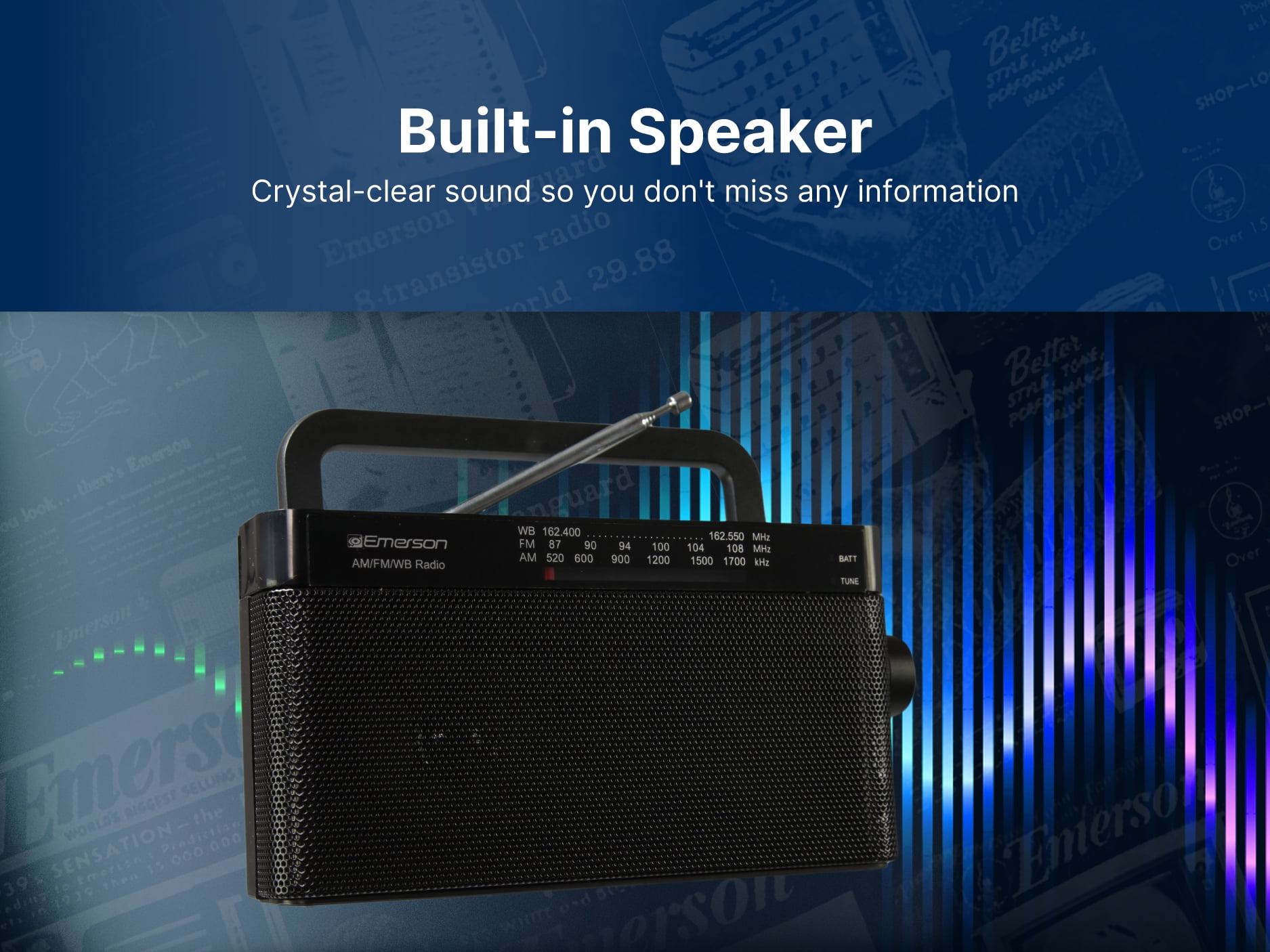 Emerson ER-7004 AM/FM/WB Radio, Lightweight Portable Weather Radio with Telescoping Antenna