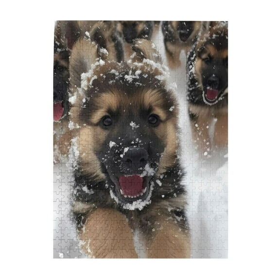 500-Piece Wooden Jigsaw Puzzle for Adults - German Shepherd Puppies Snow , Interlocking Pieces with Guide Letters, Holiday Gift & Home Decor