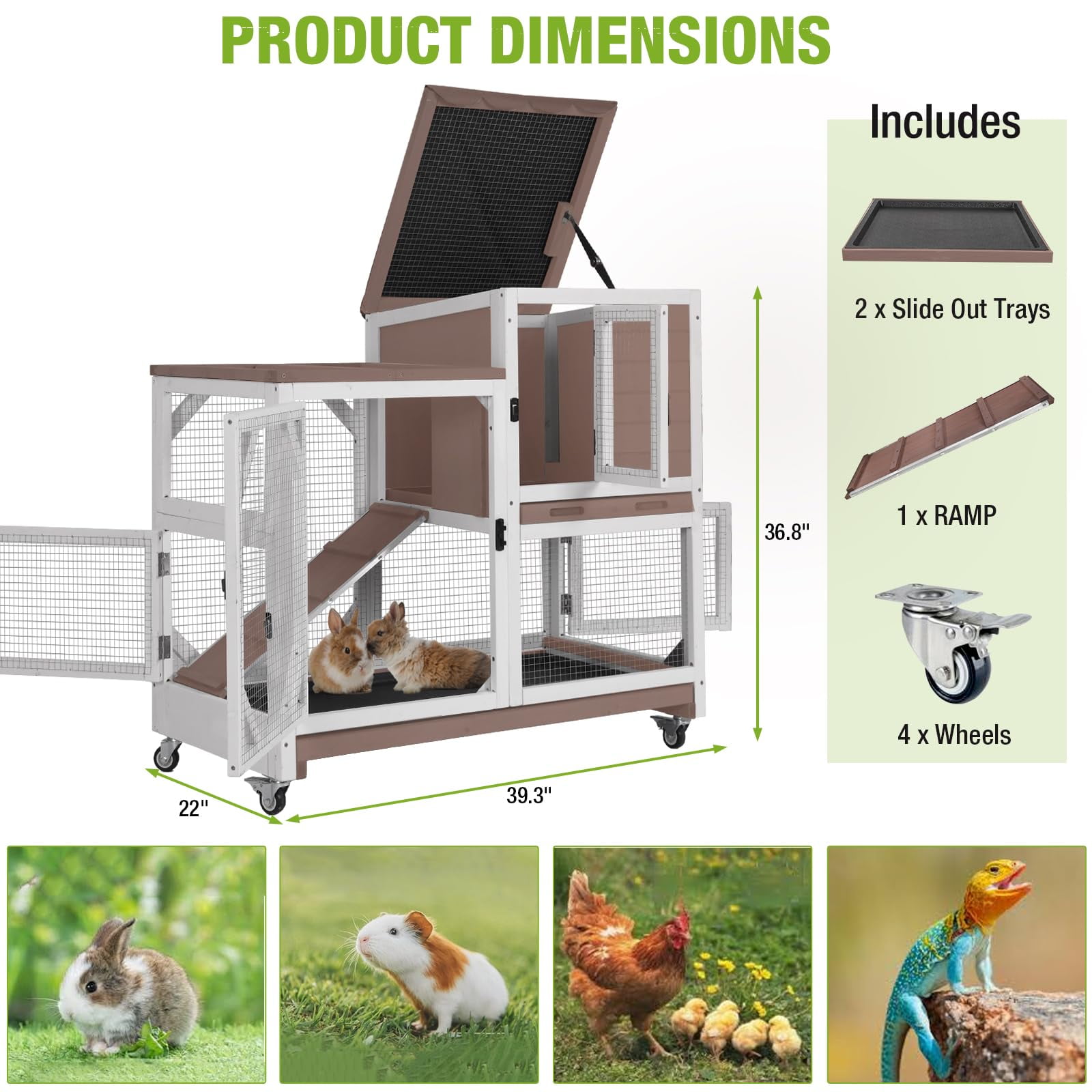 MEDEHOO 2-Story Rabbit Hutch with Chew-Proof Ramp & Pull-Out Trays - Indoor/Outdoor 39.3" Wooden Rabbit Cage on Wheels for Rabbits, Guinea Pigs