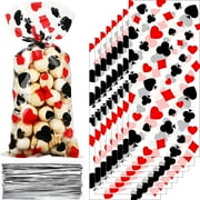 100 Pieces , Black Red Las Vegas Poker Plastic Candy Goodie Bags with 100 Silver Twist Ties for Casino