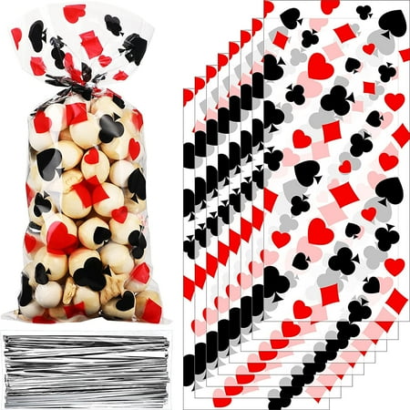 100 Pieces , Black Red Las Vegas Poker Plastic Candy Goodie Bags with 100 Silver Twist Ties for Casino