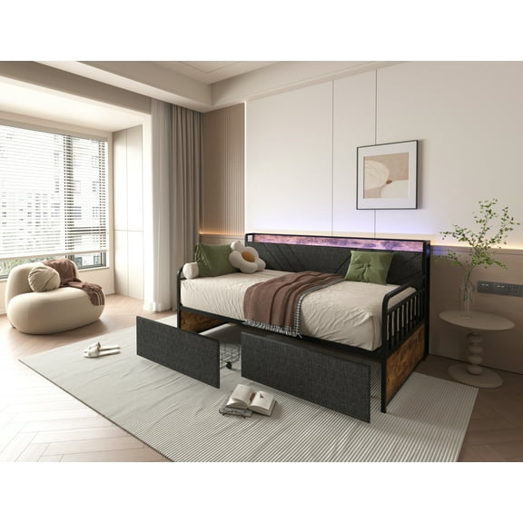 Twin Daybed with Drawers,Sturdy Metal Twin Bed Frame with Upholstered Headboard and Charging Station for Living Room, Bedroom and Guest Room