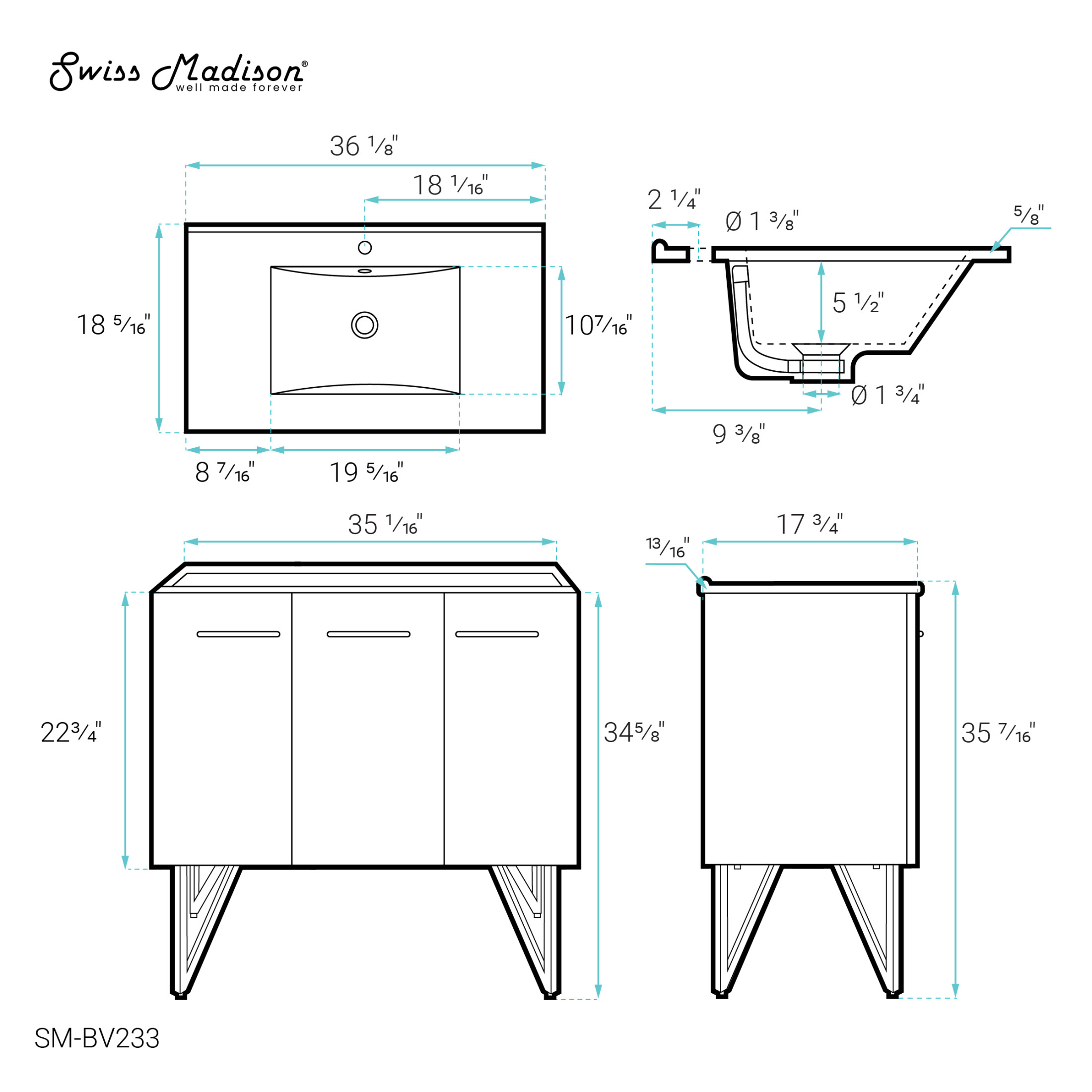 Annecy 36" Freestanding Bathroom Vanity in Gray with Sink Top