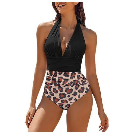 QYZEU Tankini Swimsuits for Women Plus Size Solid Color V Neck Bikini Pleated Backless Pattern High Waist Bikini Bottom Breathable Comfortable Lightweight Swimwear Black M