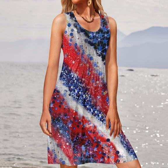 Wycnly Womens Dresses for Independence Day Flowy Pleated Swing High Waist 4th of July Patriotic Mini Dresses Sleeveless U-Neck Star Flag Print Short 2024 Summer Dress Multicolor xl