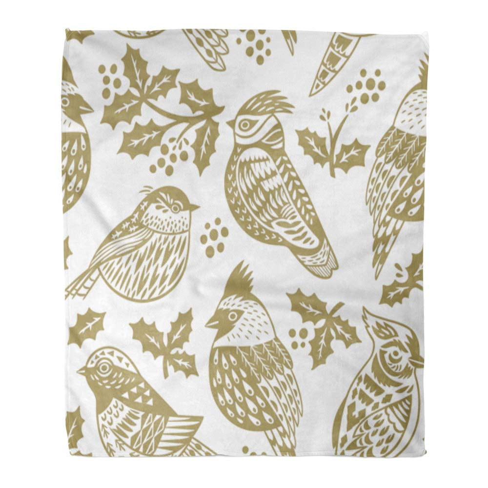 Hatiart Throw Blanket Warm Cozy Print Flannel Gold And White Christmas Pattern Ornamental Birds Mistletoe For Winter Comfortable Soft For Bed Sofa And