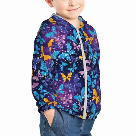 

Uemuo Butterflies Of The Starry Sky Pattern Rash Guard for Boys Girls Long Sleeve Swim Shirts UPF 50+ UV Sun Protection Hooded Fishing Shirt with Pocket for Kid-3 Years
