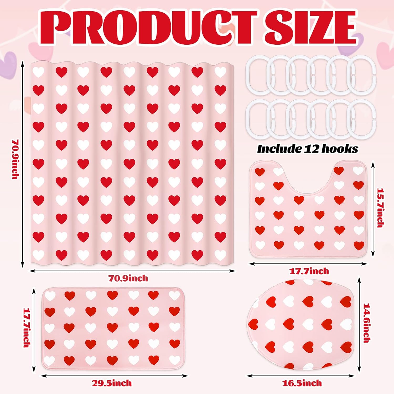 4Pcs Valentine's Day Bathroom Set Pink Red White Heart Non-Slip Bath Mat U-Shaped Toilet Rug Toilet Lid Cover Shower Curtain with Hooks for Home Hotel Accessories Decoration