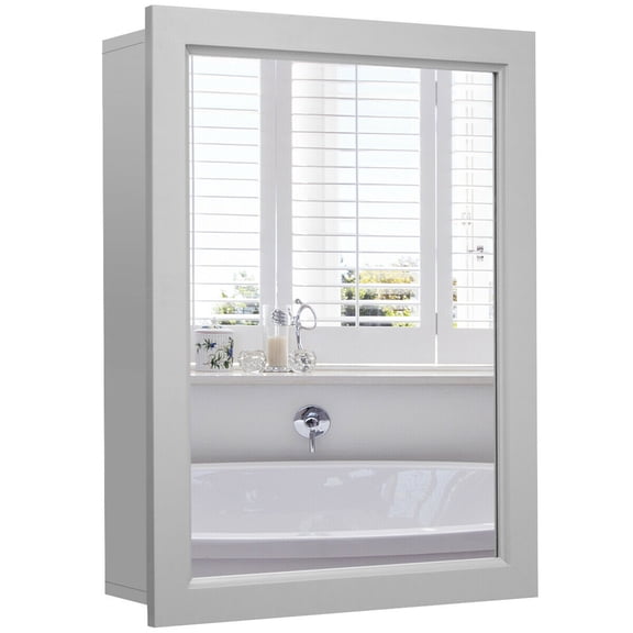 Gymax Mirrored Medicine Cabinet Wall-Mounted Bathroom Storage Organizer W/Shelf Grey
