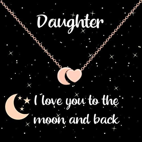 Daughter Necklace I Love You to The Moon and Back Heart & Moon Pendant  Necklace, Valentines Day Jewelry Gifts for Daughters (Rose Gold Tone)