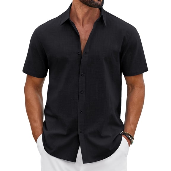 COOFANDY Men's Button Down Shirt Short Sleeve Casual Summer Beach Cotton Linen Wedding Shirts