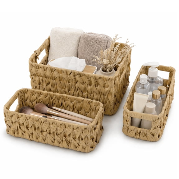 LOKHOM 3 Pack Faux Wicker Storage Basket for Shelves, Waterproof Toilet Basket with Handles, Decorative Storage Baskets for Bathroom, Bedroom, Kitchen, Pantry